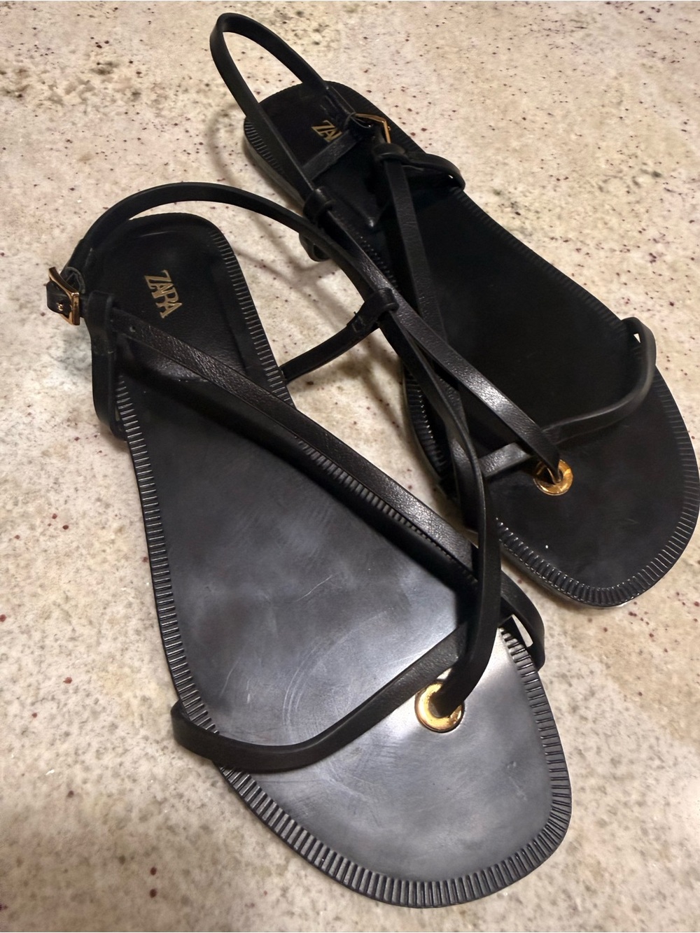 Zara Black Strappy Leather Flat Sandals with Gold Buckle - Picture 2 of 5